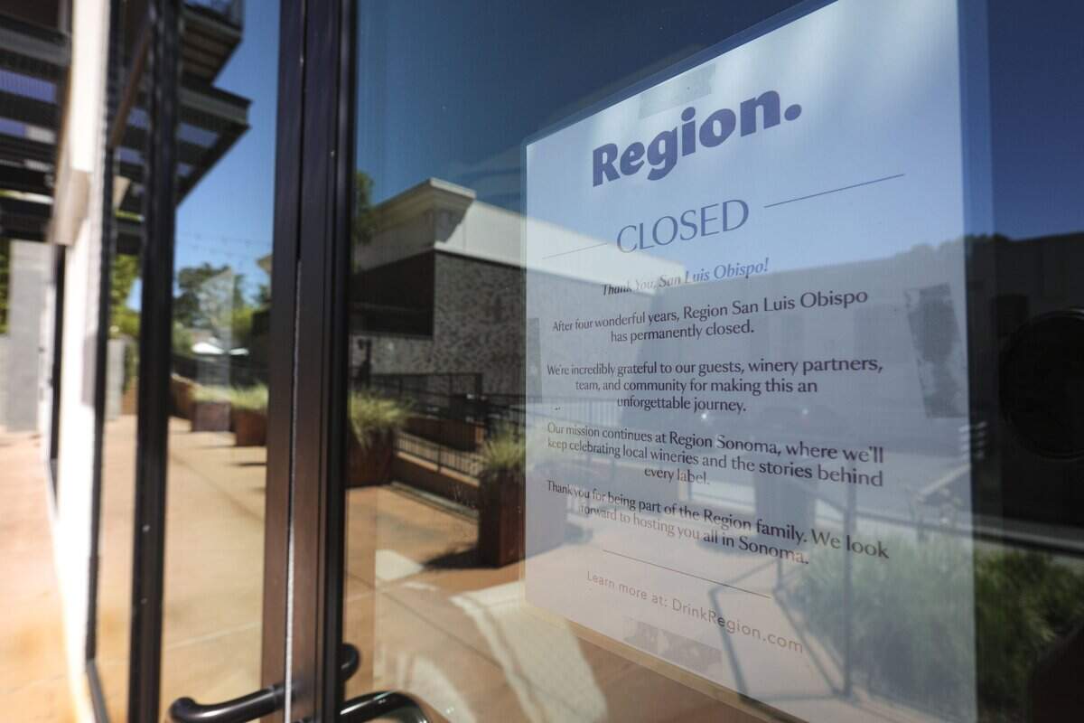 Sign announcing the closure of Region's San Luis Obispo location is in the window July 15, 2026.