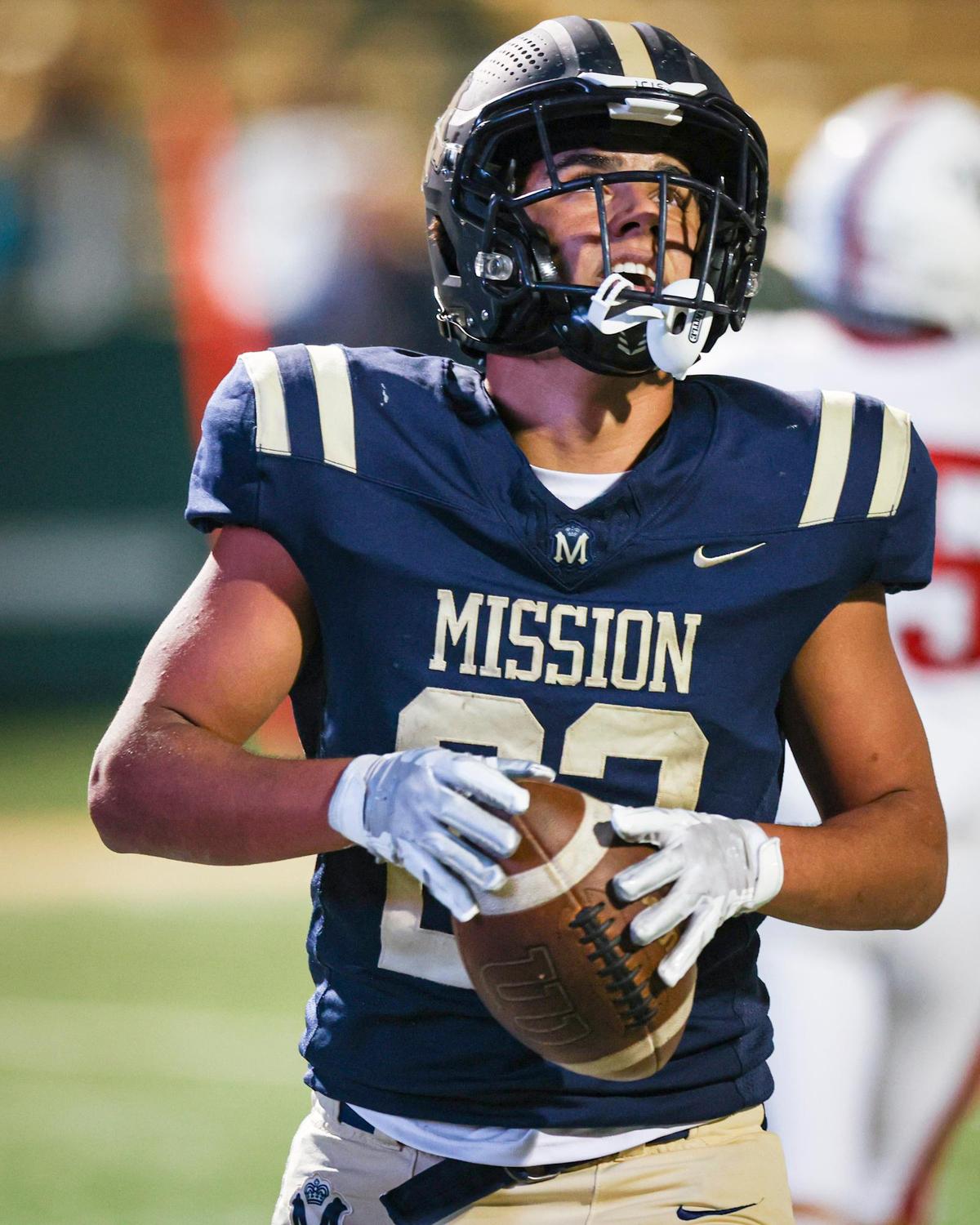 Ronnie Kardashian looks up after scoring one of his touchdowns. Mission Prep beat Paso Robles 26-16 in a high school football game on Oct. 25, 2024.