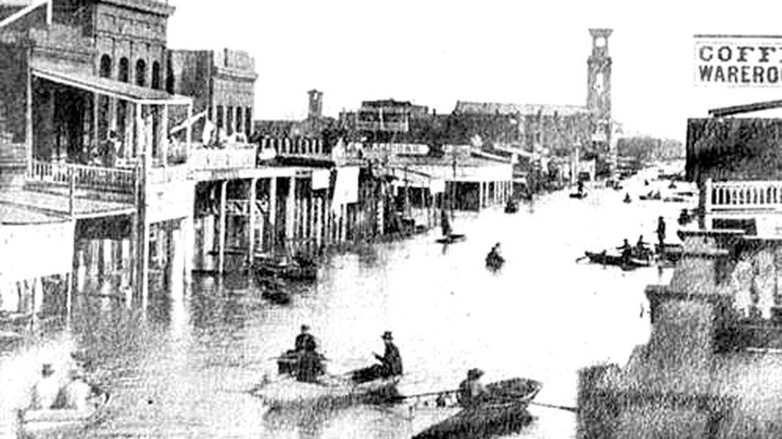 Sacramento's 13th and K streets were under water in January 1862 after a historic flood gripped the area. Scientists say the risk of another monstrous flood will increase because of climate change.