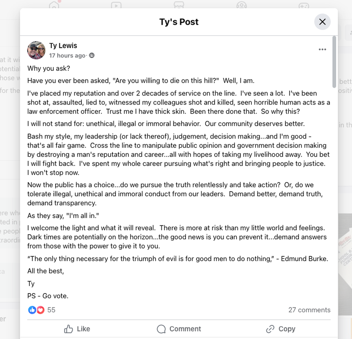 Ty Lewis, city manager for Paso Robles, filed a claim against the city over alleged harassment from Councilmember Chris Bausch. In a social media post from October 8, 2024, Lewis encouraged the public to vote.