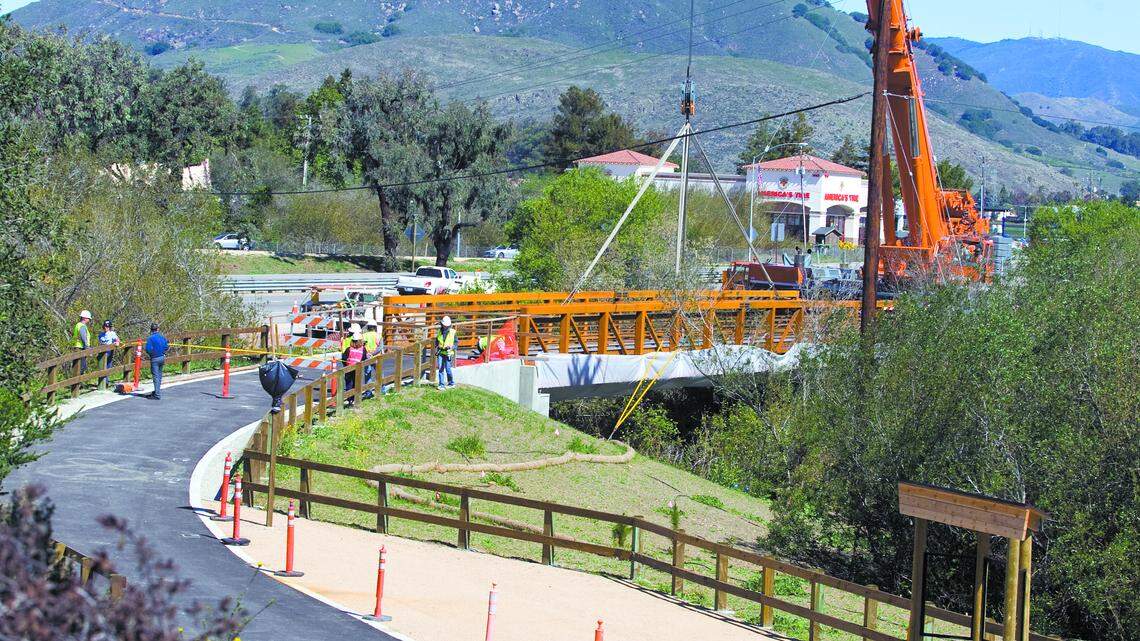 The new Bob Jones Bike Trail bridge, shown in March, crosses Prefumo Creek near Highway 101 and Los Osos Valley Road. The city is seeking new sales tax funding to help pay to complete the project.