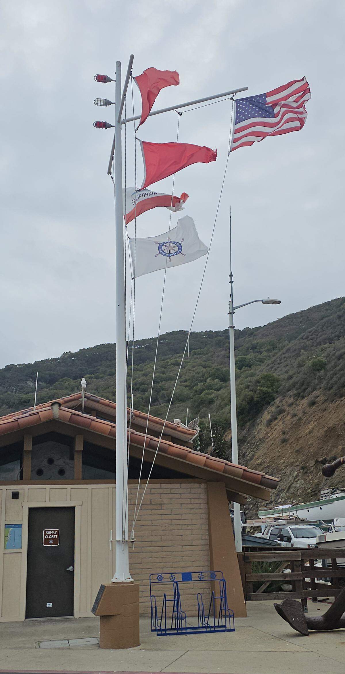 Flags at the Harbor Patrol office were whipping in the wind. The Weather Service issued a wind advisory for the majority of the county from 8 a.m. to 6 p.m., with winds blowing 20 to 30 mph and the potential for gusts up to 45 mph. 