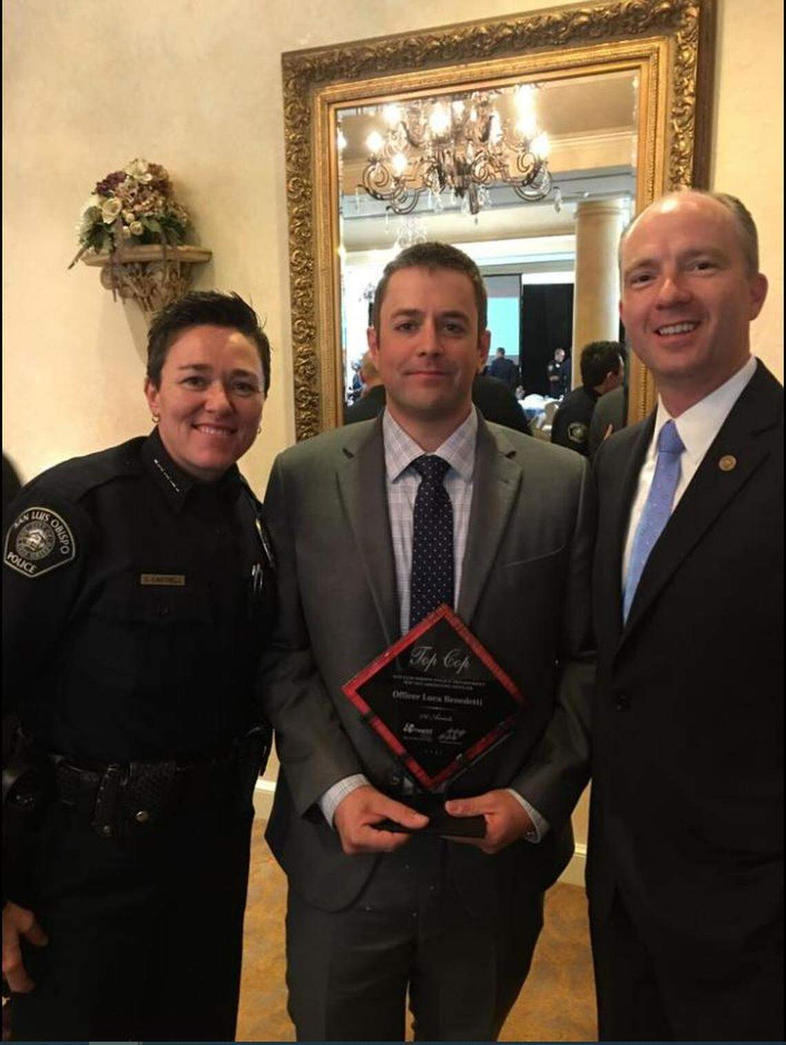 Luca Benedetti (center) was shot and killed while serving a search warrant Monday off Margarita Avenue in San Luis Obispo. In this 2017 image, Benedetti was honored by Mothers Against Drunk Driving for protecting citizens from drivers under the influence of drugs or alcohol. To his left is former SLO Police Chief Deanna Cantrell and to his right is SLO County District Attorney Dan Dow.