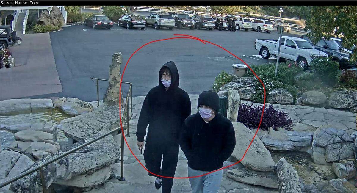 Two young men in black hoodies and medical masks were seen stealing the welcome rug from the Madonna Inn steakhouse on the afternoon November 16, 2024. This is the fifth time the rug has been stolen in four years.