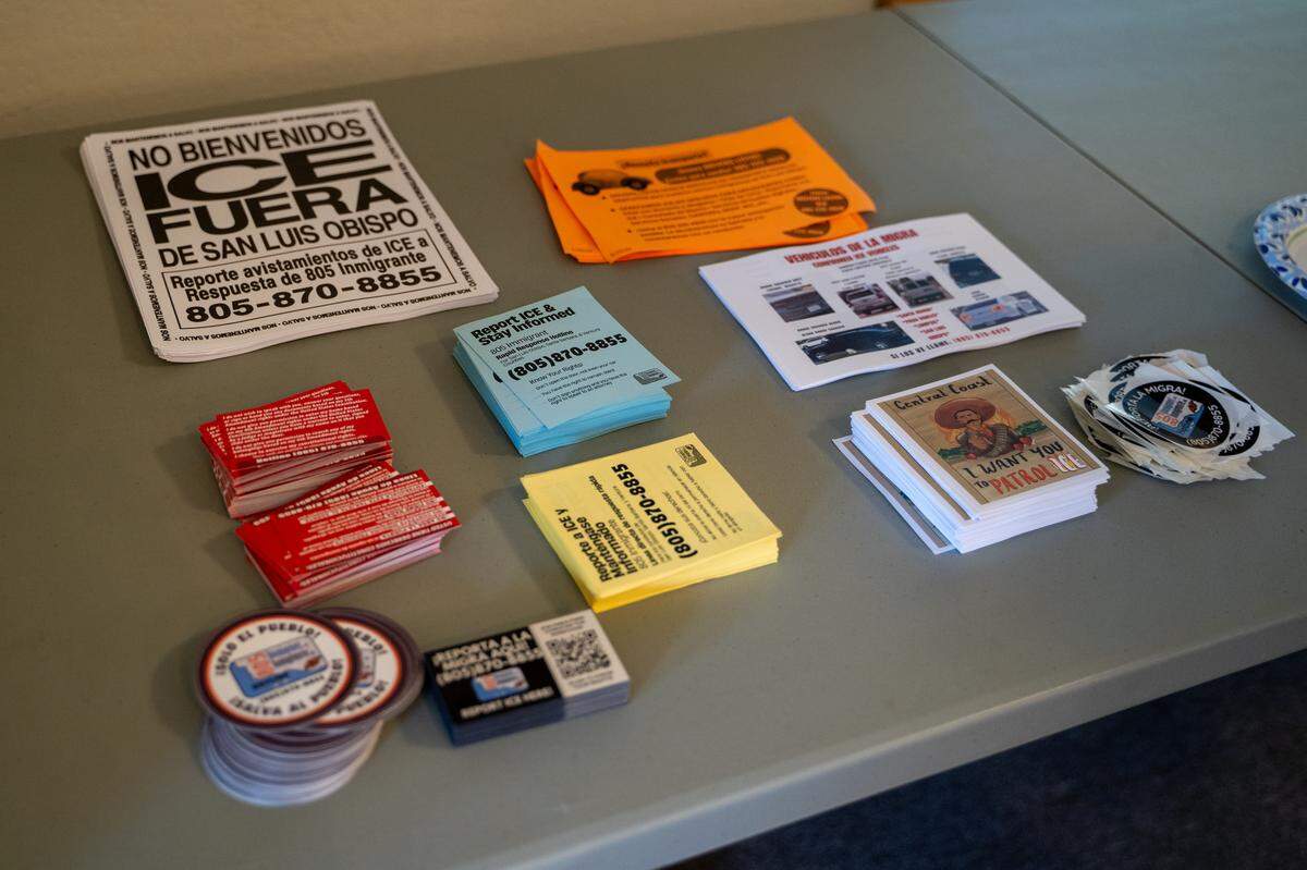 Anti-ICE fliers, stickers and information sheets were available at an 805 Immigrant Response Network training in Cambria on Sept. 20, 2025.