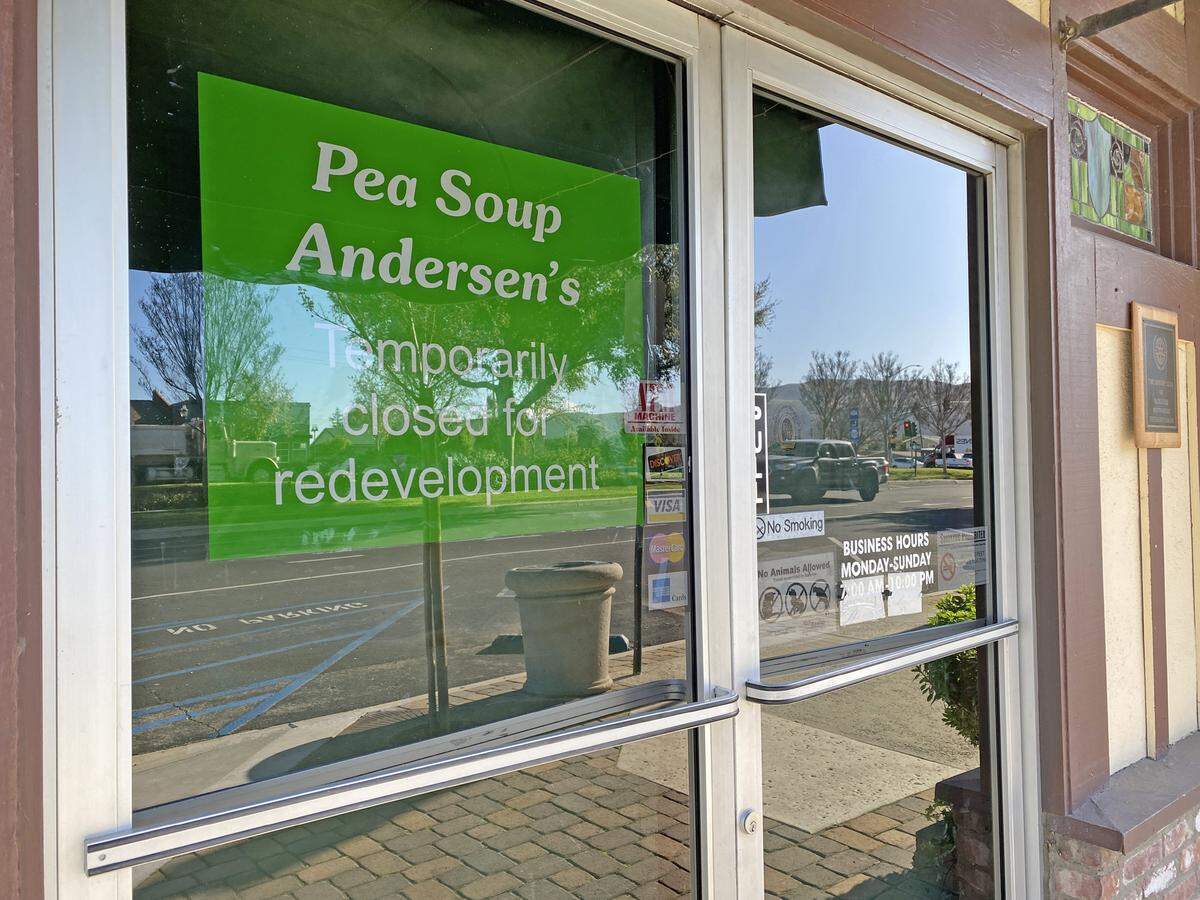 A sign on the door at Pea Soup Andersen’s says the Buellton restaurant “temporarily closed for redevelopment. “