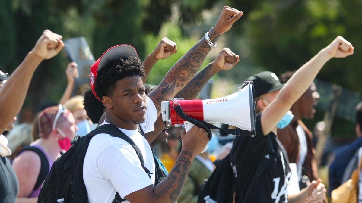 Jalen Hamler, Cal Poly student helps lead a Black Lives Matter protest march was held in San Luis Obispo on Wednesday June 1.