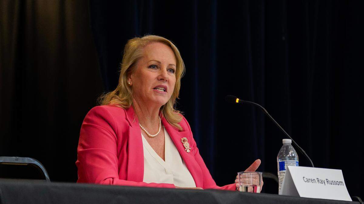 Incumbent Arroyo Grande Mayor Caren Ray Russom speaks at a candidate forum hosted by the League of Women Voters on Thursday, Sept. 19, 2024.