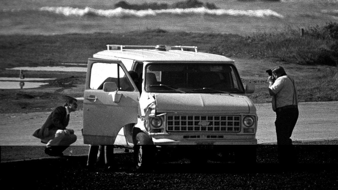 Investigators document a van in which a woman’s body was found in a pullout on Highway 1, about three miles north of Hearst Castle, on Nov. 15, 1983. Dorothy Alice “Toby” Tate was found shot to death in the vehicle.