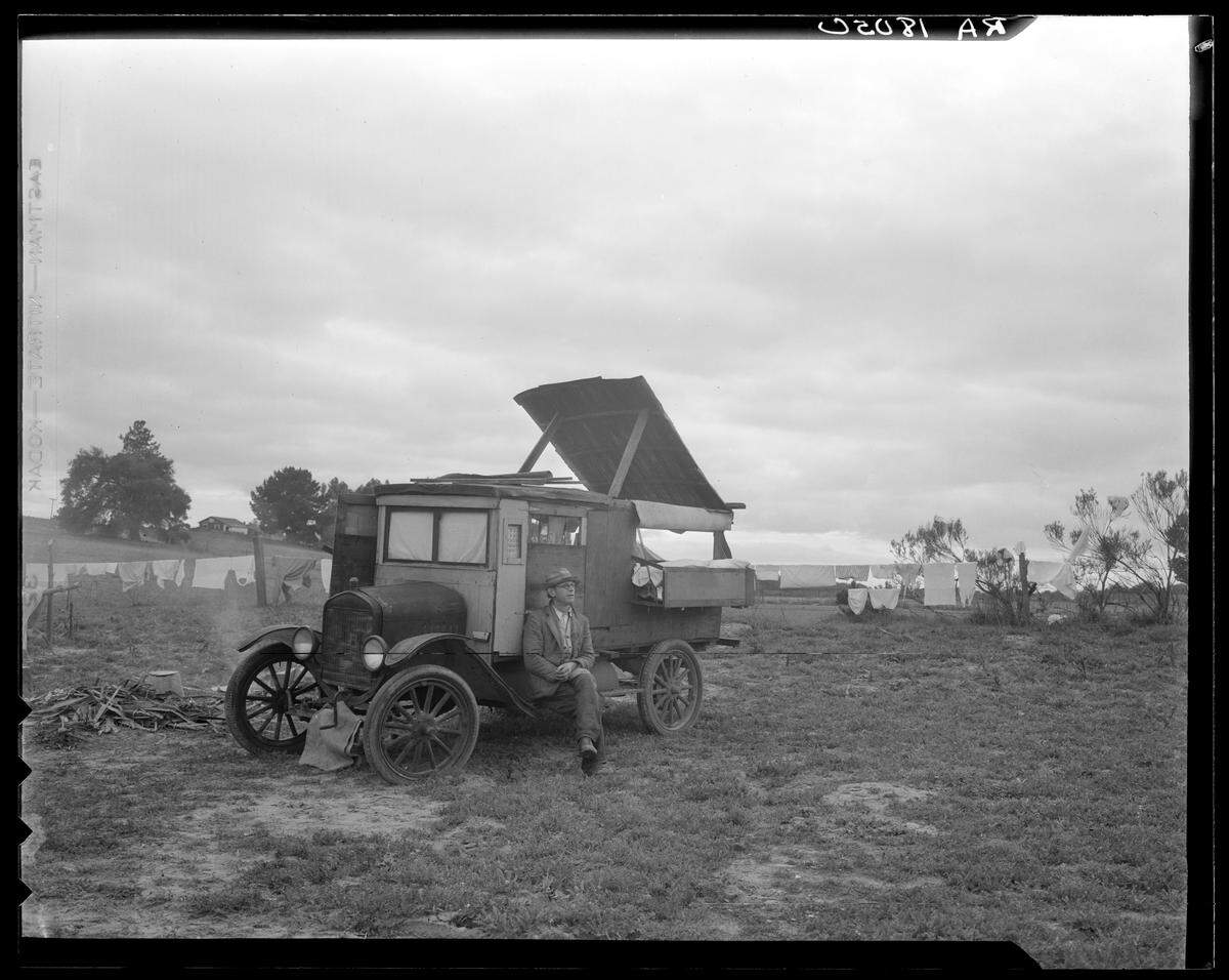 A pea pickers camp on the Nipomo Mesa in 1936. A series of six photos by Dorothea Lange included ”Migrant Mother,” the iconic photo of the Great Depression that captured perseverance in the face of hard times.