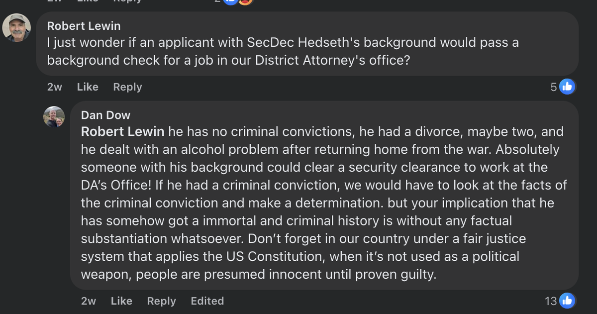 San Luis Obispo County District Attorney Dan Dow responds to a comment on Facebook under his post supporting U.S. Secretary of Defense Pete Hegseth’s Senate confirmation on Jan. 24, 2025.