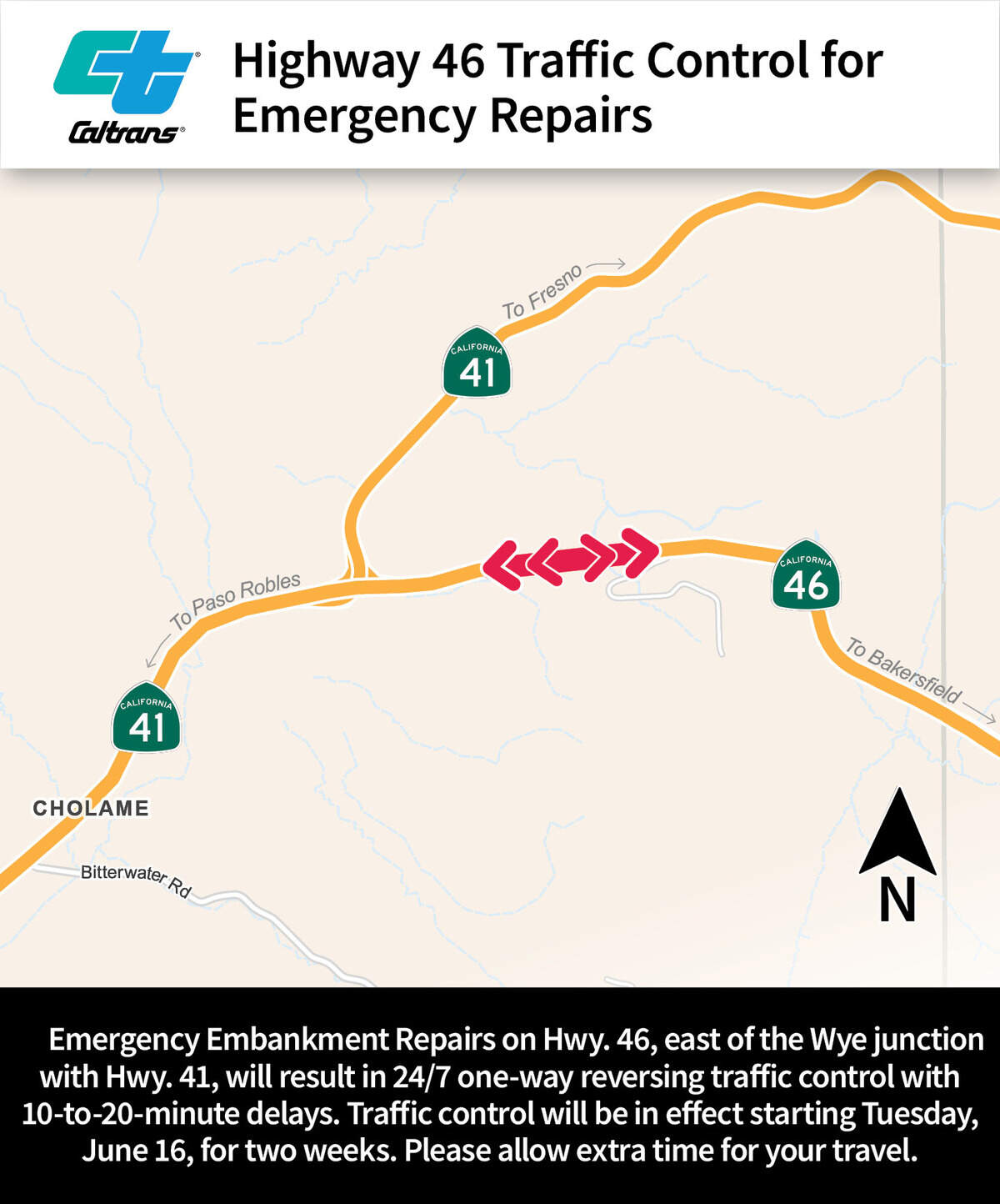 Highway 46 will experience one-way reversing traffic controls for two weeks, starting on June 16, according to Caltrans.