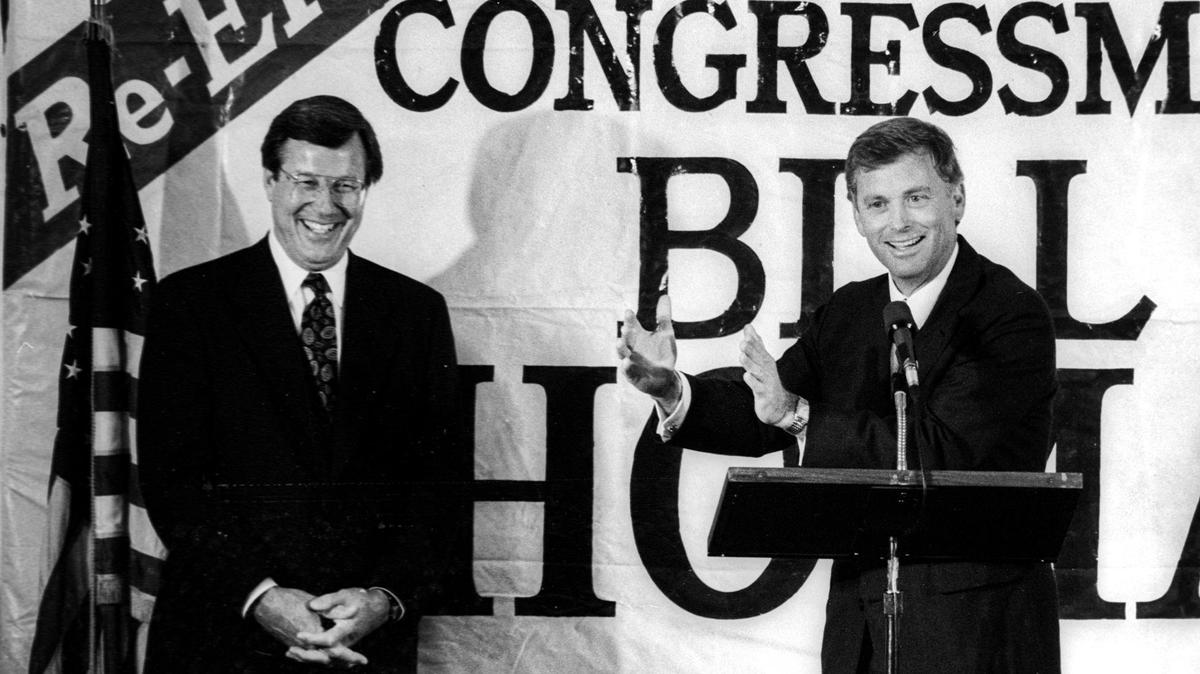 Congressman Bill Thomas (R- Bakersfield) at left enjoys pre-dinner banter with Vice President Dan Quayle in Nipomo on July 23, 1991.