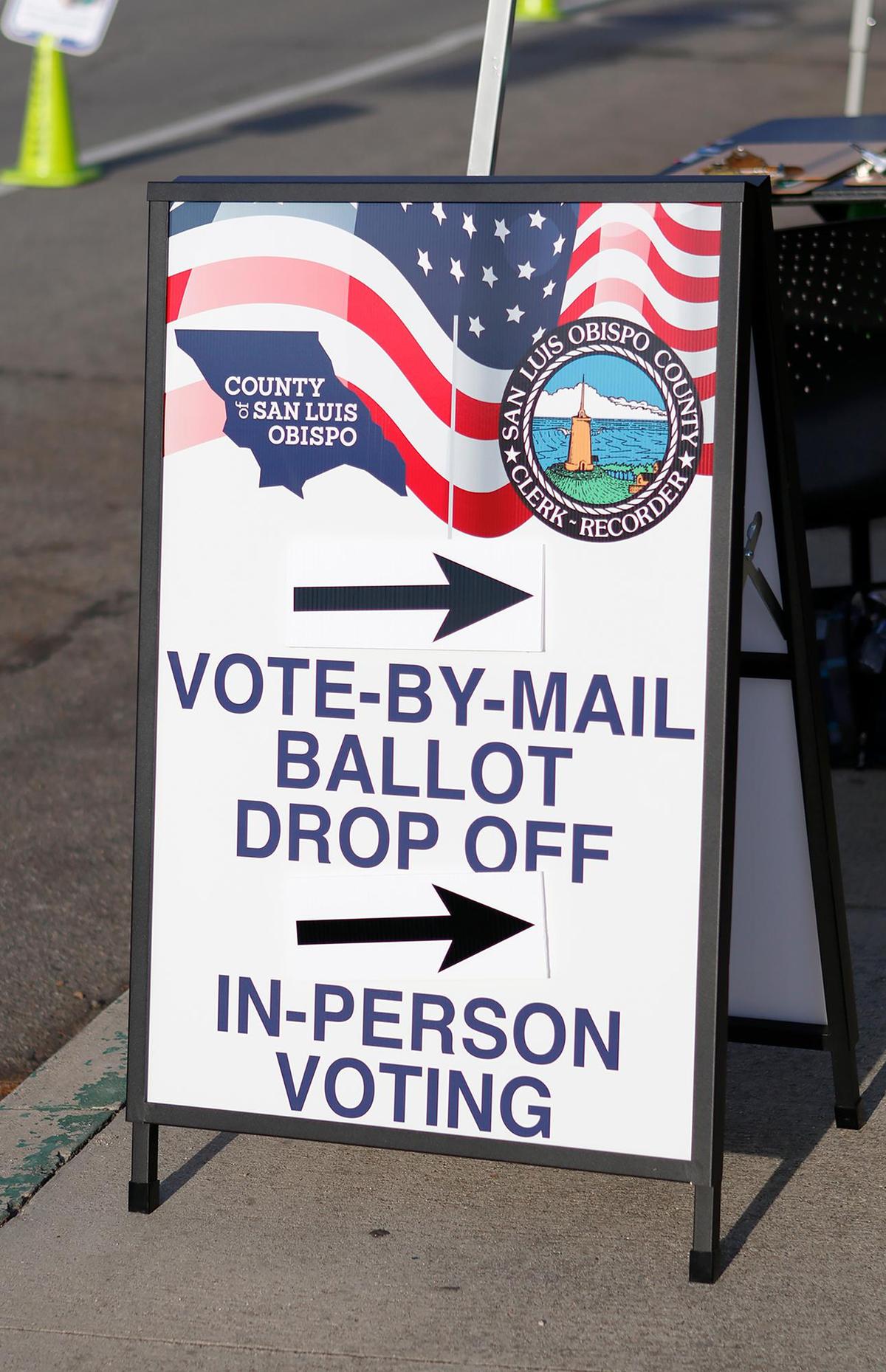 A sign welcomes voters to the Ludwick Community Center gym in San Luis Obispo on Tuesday, Nov. 3, 2020. The Voter Service Center saw a steady procession of voters throughout the day.