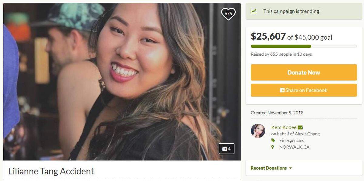 A GoFundMe account set up by the family of Lilianne Tang, who was allegedly hit and injured by a car driven by Christopher Boyle, had accrued $25,607 of a $45,000 goal as of Monday evening.