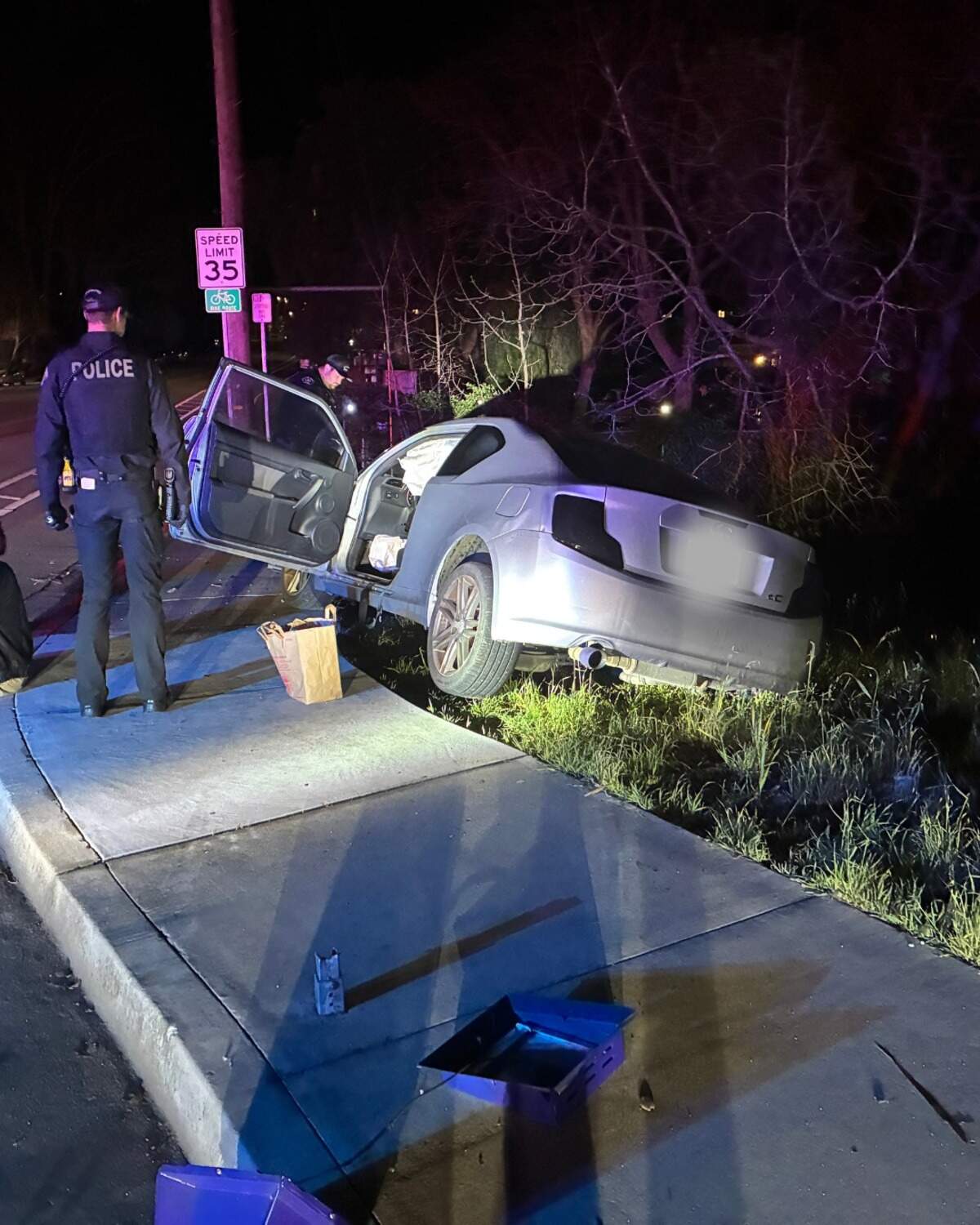 A driver was arrested on suspicion of DUI on Feb. 20, 2026, after allegedly crashing through a bus stop sign and into a railing above a creek culvert in SLO.