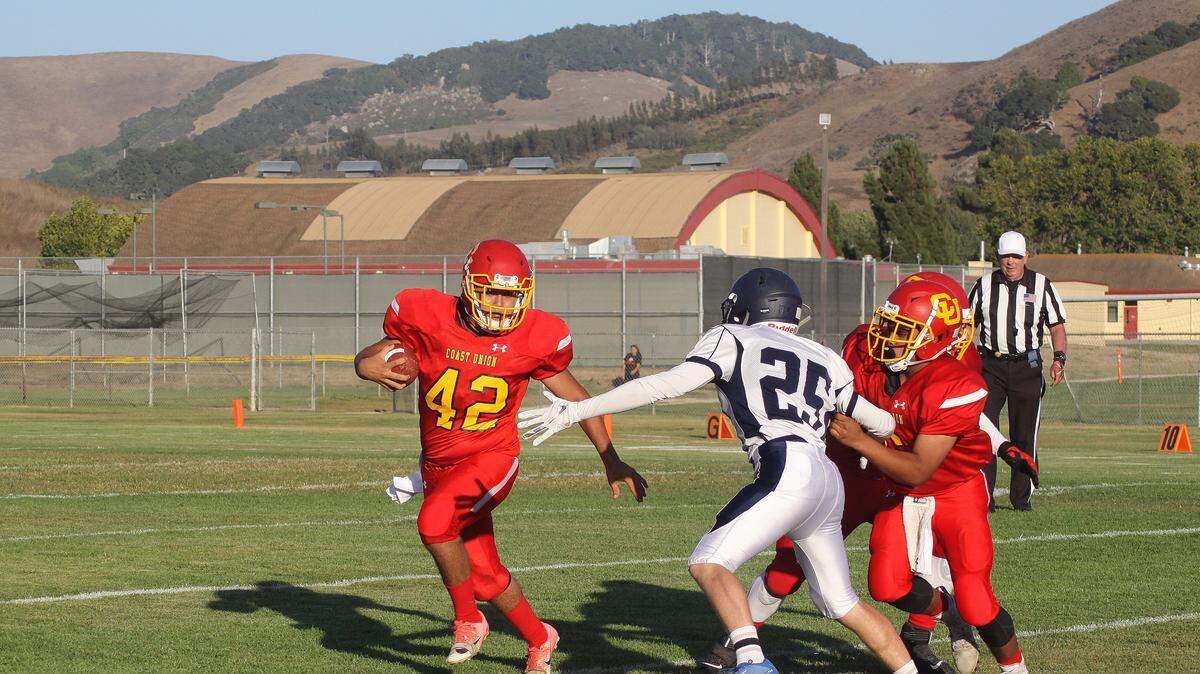 Coast Union High School senior Damien Fernandez gained 128 rushing and scored three touchdowns in Coast’s 55-8 win over Laguna Blanca on Friday night, Aug. 31.