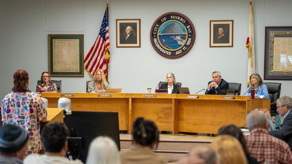 Jennifer Fields speaks during the public comment period of the Morro Bay City Council meeting on Tuesday, May 14, 2025. At Tuesday’s meeting, the majority of commenters asked the City Council not to repeal the November 2022 flag ordinance that allows the flying of commemorative flags including the Pride and POW/MIA flags.