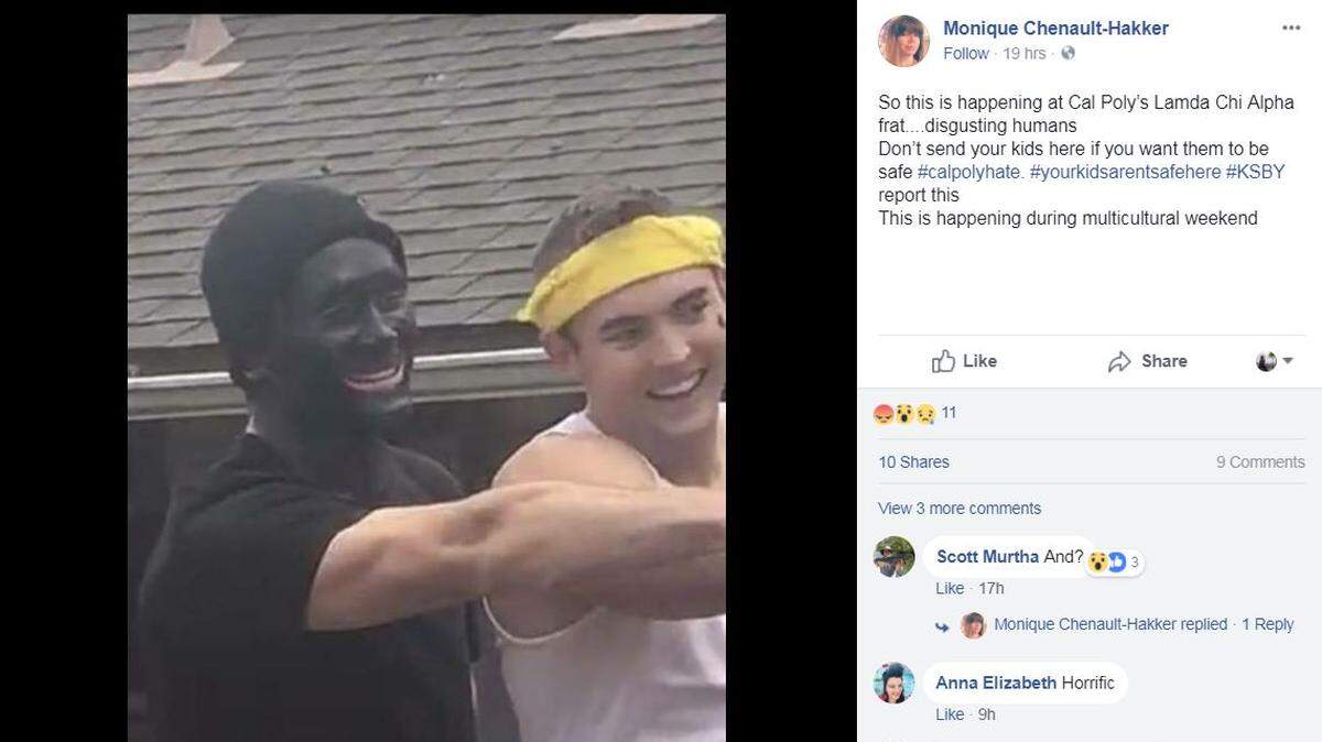 A photograph posted to Facebook on Saturday shows two brothers from Cal Poly's Lambda Chi Alpha fraternity, one of whom is in blackface.