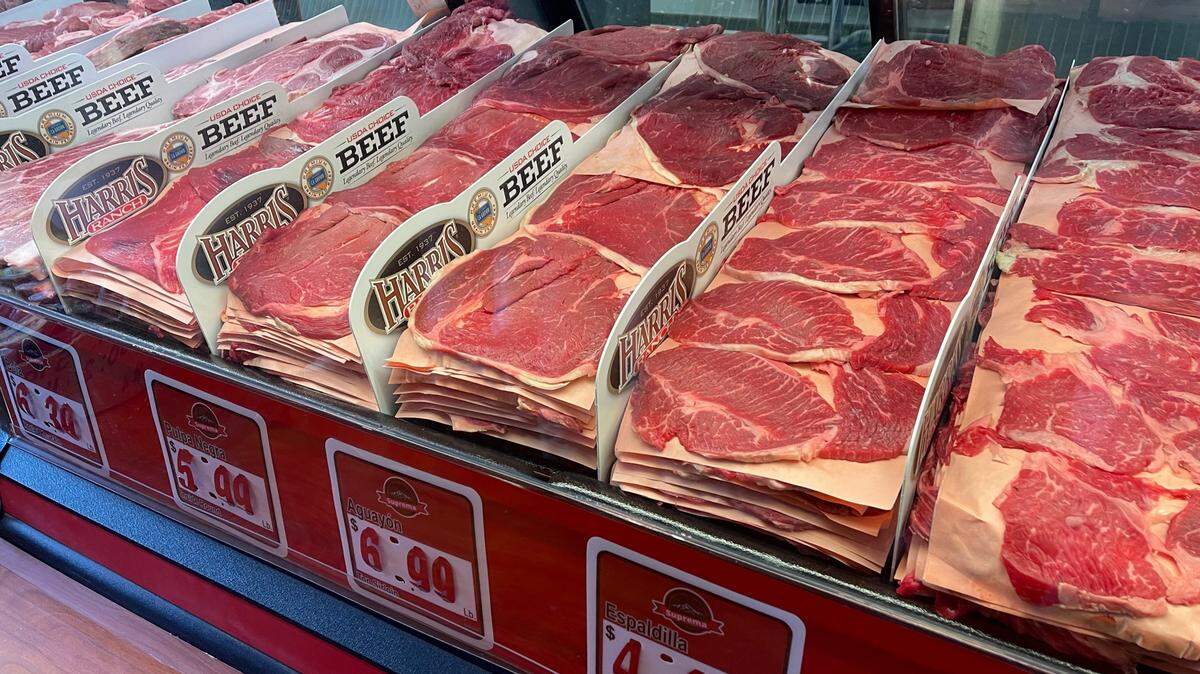 The display case at Suprema Meat Market in Atascadero holds thin-cut Harris Ranch beef.