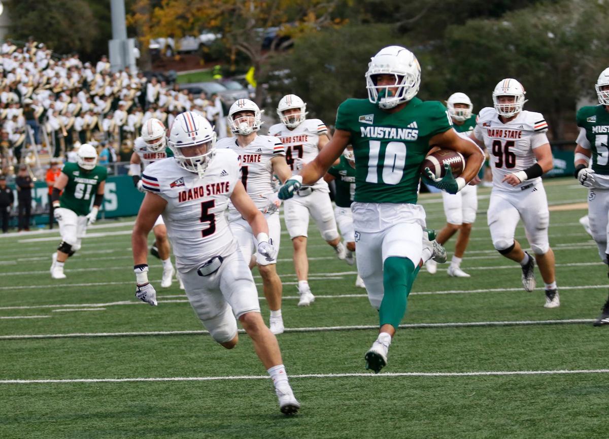 Wide receiver Michael Briscoe takes the football all the way to the end zone for a touchdown. Cal Poly lost to Idaho State 41-38 in a college football game at Mustang Memorial Stadium on Oct. 5, 2024