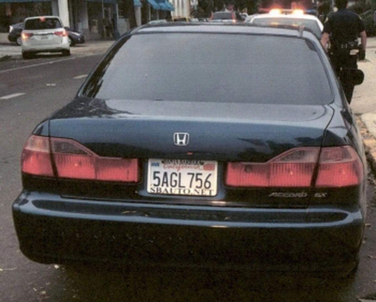 This vehicle was stolen Thursday from a man who was shot at Cleveland School in Santa Barbara. Police are asking anyone who spots the 2000 Honda Accord to call 9-1-1.