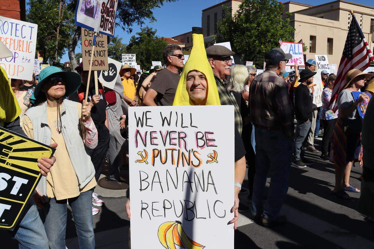 Thousands of people attended the No Kings rally in downtown San Luis Obispo to protest the Trump administration and support Prop. 50 on Oct. 18, 2025.