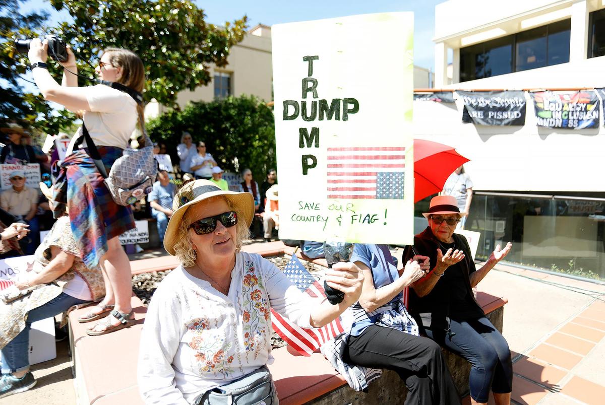 Thousands of people gather at San Luis Obispo Superior Court in California as part of the “Hands Off!” rally to protest President Donald Trump and his advisor Elon Musk.