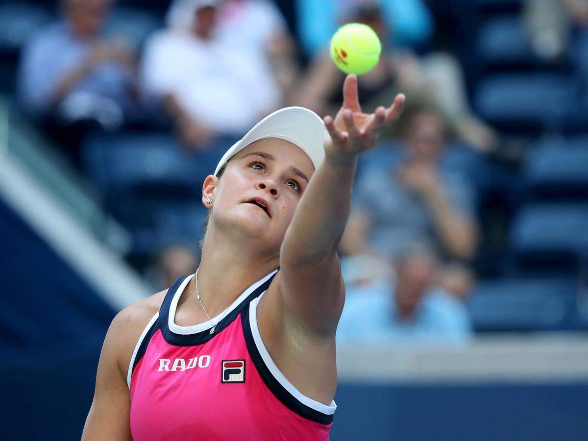 Ashleigh Barty, of Australia, serves to Maria Sakkari, of Greece, during round three of the US Open tennis championships on Friday, Aug. 30, 2019, in New York. Cambria tennis umpire Darius Kaviani made a pivotal line call against Barty at the 2019 open.