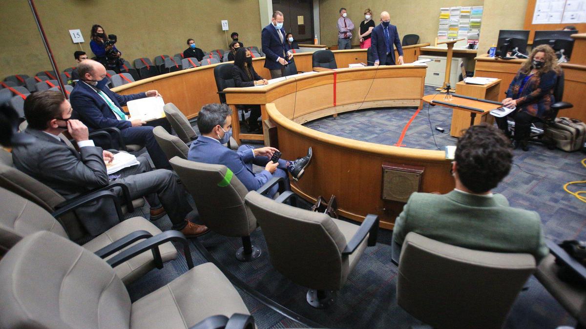 Defense attorneys sit in the jury box in San Luis Obispo Superior Court on Thursday, Dec. 10, 2020. Motions were heard in the case against Black Lives Matter activist Tianna Arata, and three co-defendents related to a racial justice march that blocked Highway 101.