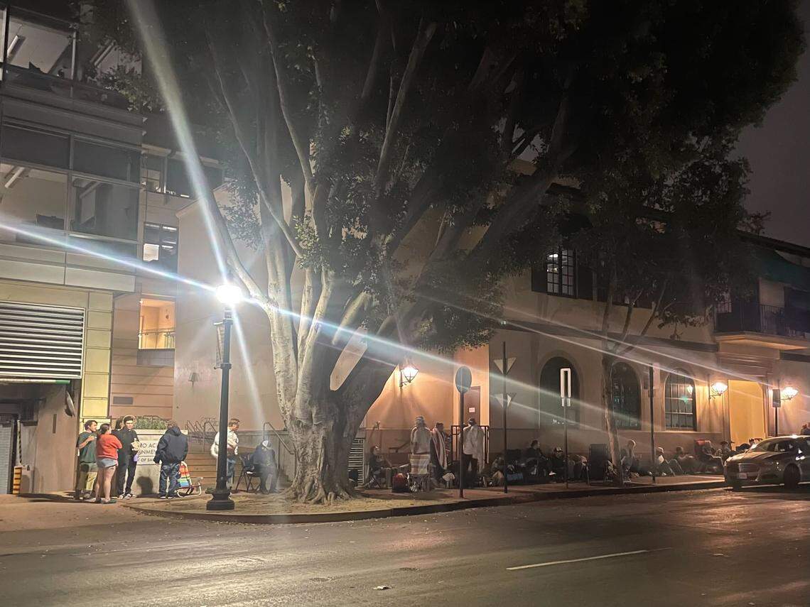 Foo Fighters fans lined up Sept. 12, 2025, ahead of a surprise concert at the Fremont Theater in downtown San Luis Obispo the following day. The lined wrapped around from the theater entrance to Marsh Street late Friday night.