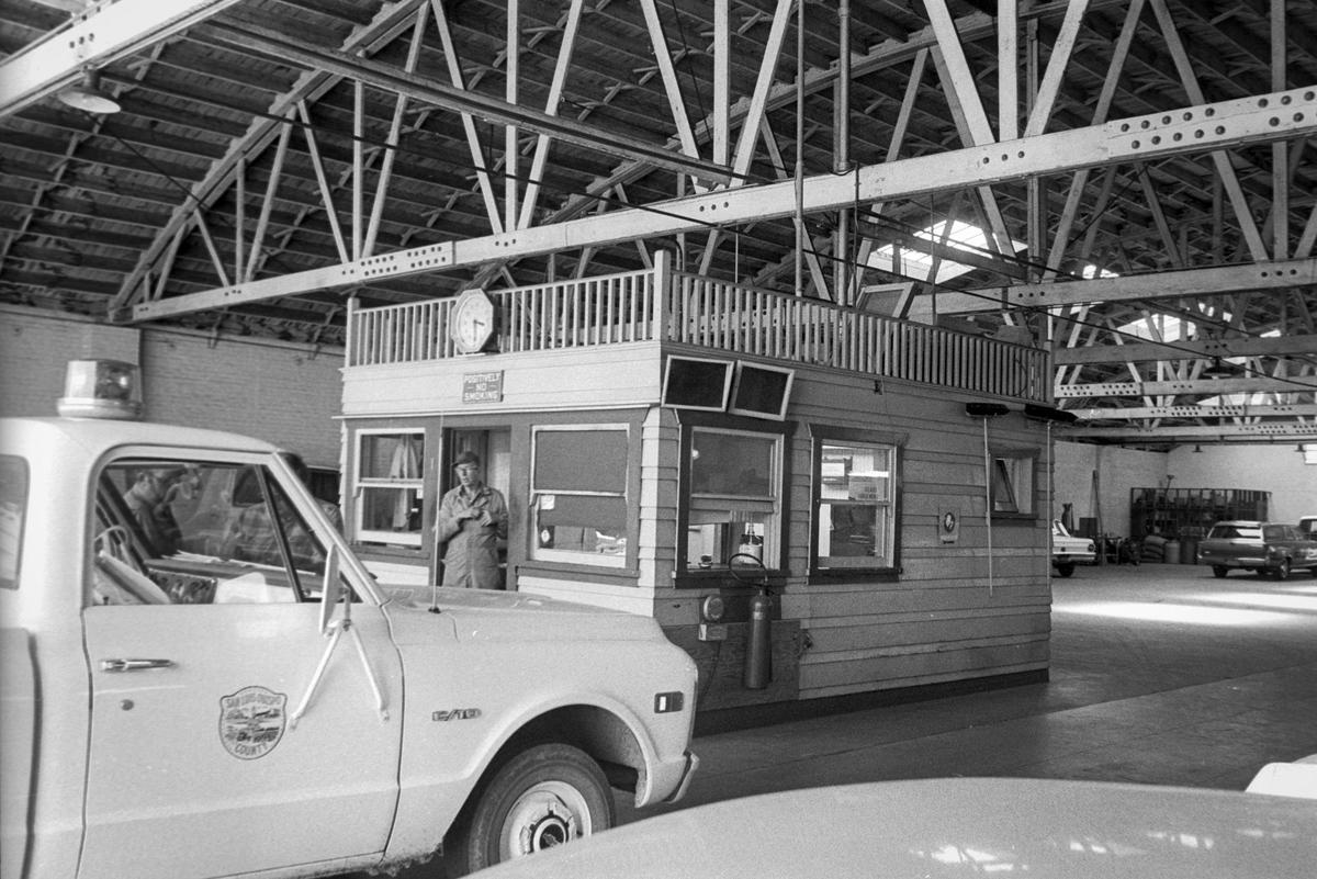 The county garage used to be located at 1044 Monterey St. in San Luis Obispo on August 16, 1972. The former auto dealership building was torn down in 1976 after safety issues were raised about the old facilty. The old county logo is on the side of the truck.