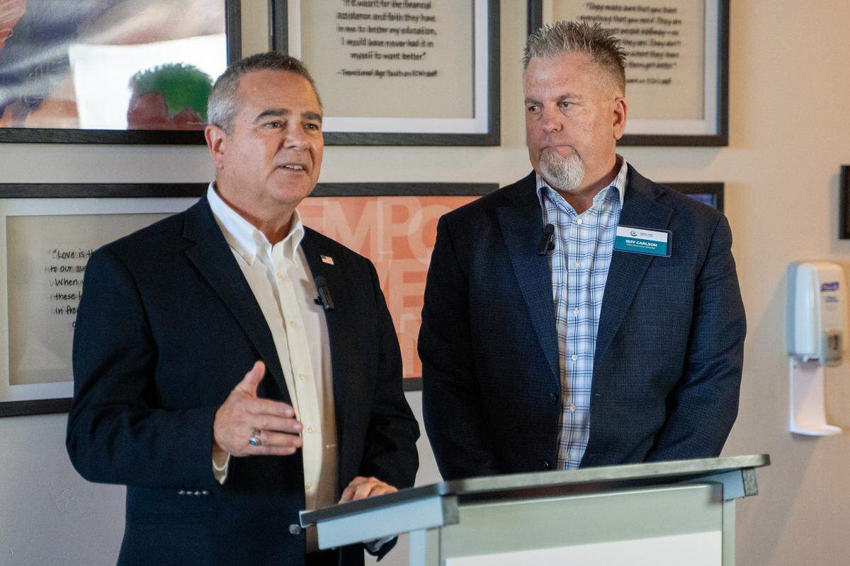 San Luis Obispo Housing Trust Fund CEO Jeff Eckles and Family Care Network CEO Jeff Carlson speak at a news conference on Wednesday, Sept. 10, 2025. The Family Care Network announced it had paid off the first loan ever issued by the Housing Trust around 20 years after receiving the funding.