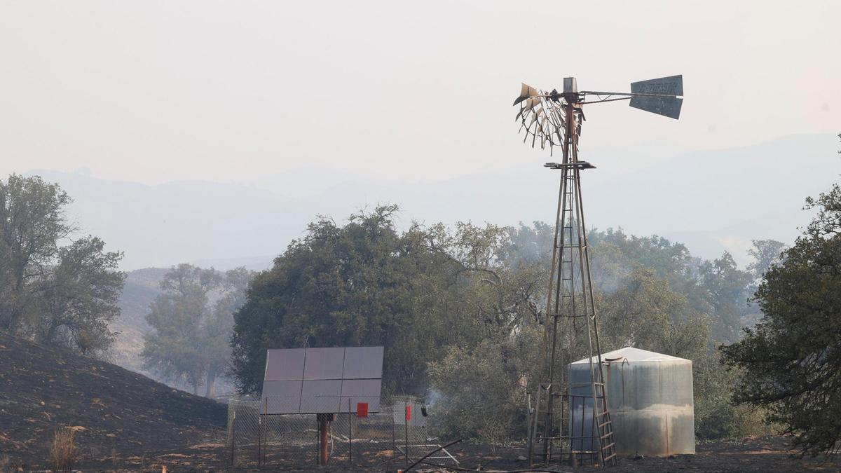 A windmill stands damaged amid scorched grassland. The Madre Fire burned on the northern side of Highway 166 and into the mountain areas toward the Carrizo Plain seen here on the second day July 3, 2025.