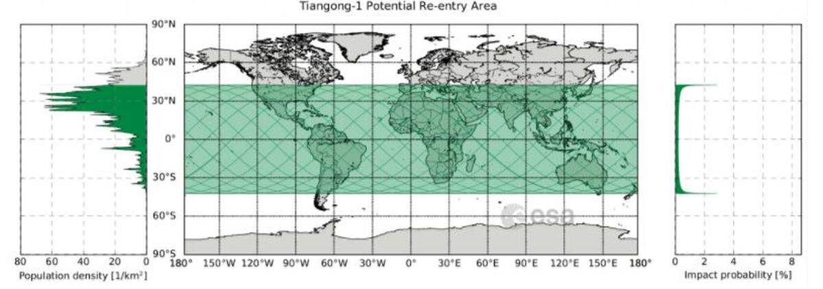 A map showing the area over which Tiangong-1 could re-enter.
