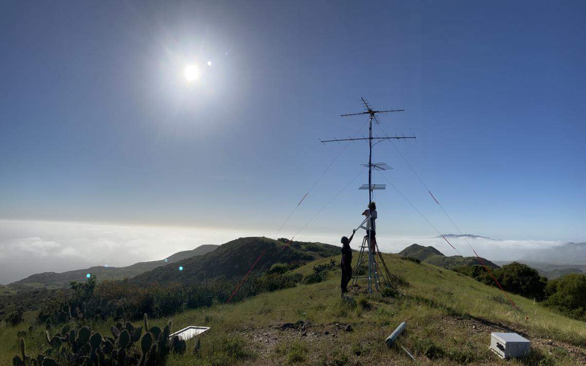 Gavin Haight and Josh Adams with the USGS Western Ecological Research Center work to put the final touches on a Motus station on Catalina Island.