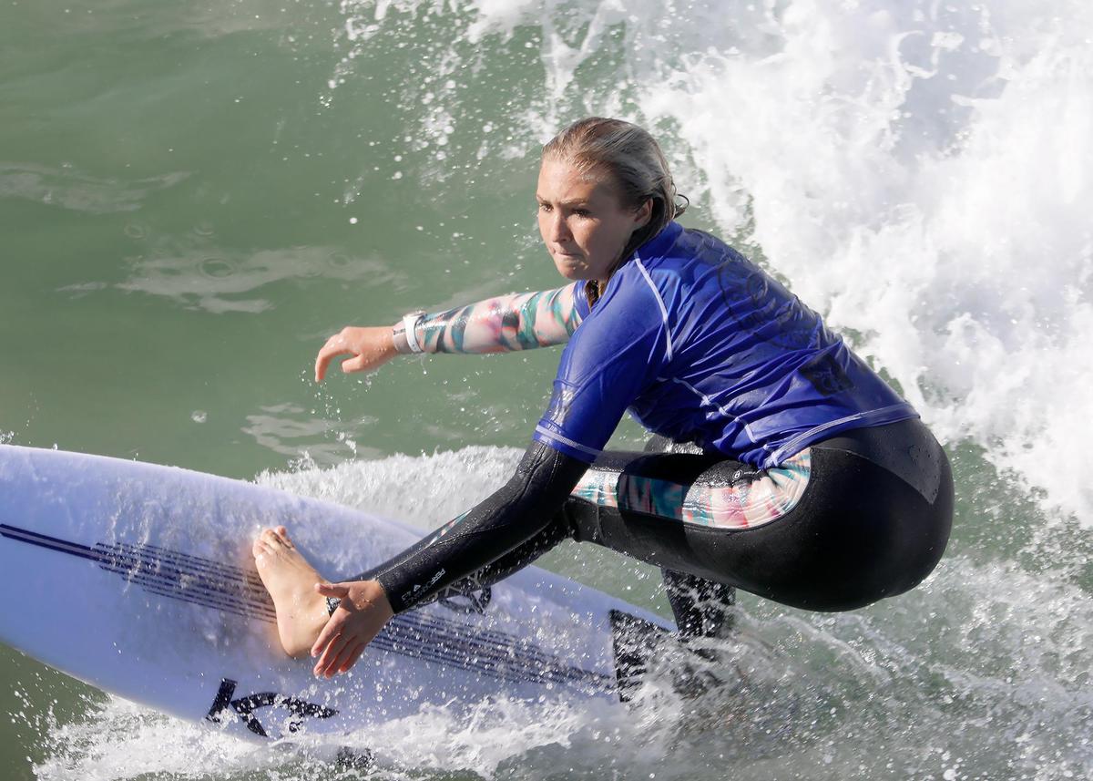 The 2020 SLO CAL Open at Pismo Beach was held in February 2020 at the Pismo Beach Pier. Here, Savanna Stone takes a wave during heat 3 of the Round of 16 portion of the contest. This photo won first place in the sports action photo category of the 2020 California Journalism Awards Contest.