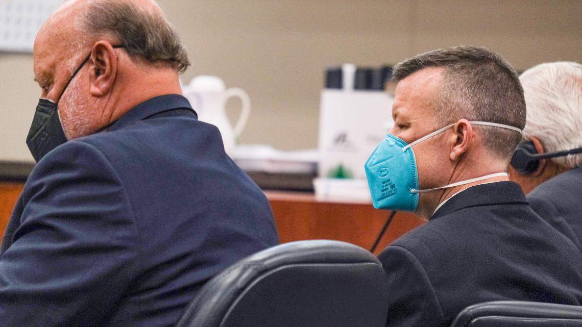 From the left: Robert Sanger, attorney representing Paul Flores, center, and his father Ruben Flores during pre-trial motions June 7, 2022. They are in a Monterey County courtroom. Paul Flores is alleged to have killed Kristin Smart after an off-campus Cal Poly party in May 1996. He was the last person seen with the Cal Poly student. Ruben Flores, Paul Flores’ father, is charged with accessory after the fact. The two were arrested in April 2021 — 25 years after Smart’s disappearance. Smart’s body has never been found.