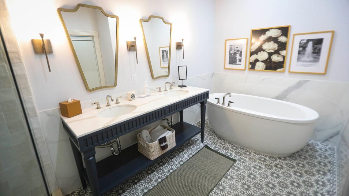 Larger rooms are in the 1899 house, the building with the Grand Ballroom. Bath incudes soaking tub. Tour of the newly renovated Paso Robles Inn on Oct. 9, 2024.