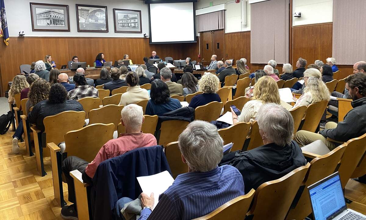 Community members listen to a discussion about the expansion of Fire Hazard Severity Zone maps at a San Luis Obispo City Council meeting on Oct. 7, 2025.