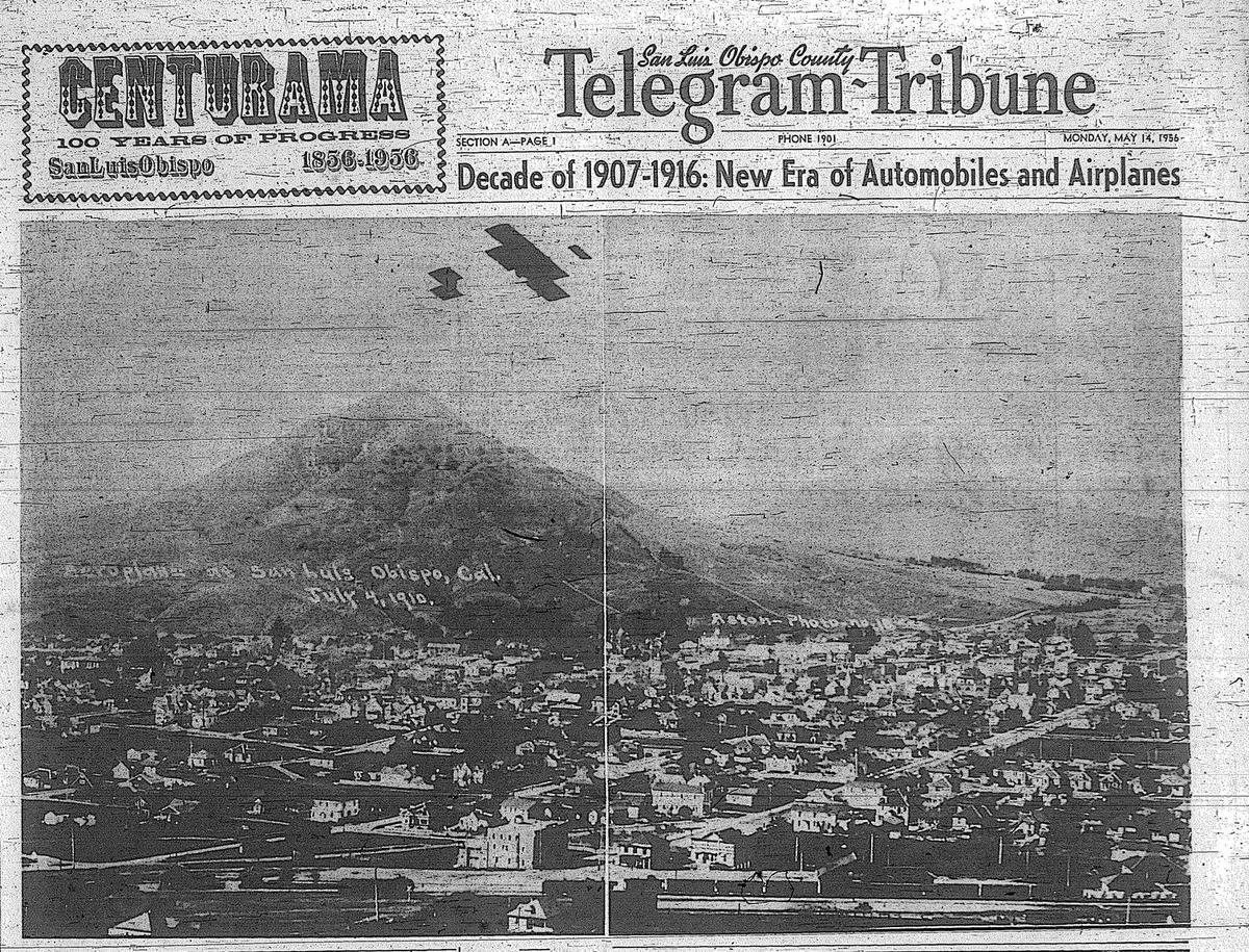 The Telegram-Tribune printed a series of history-related pages in 1956 as part of a special edition, including this photo by Frank Aston showing a Wright Brothers style biplane flying over San Luis Obispo on July 4, 1910.