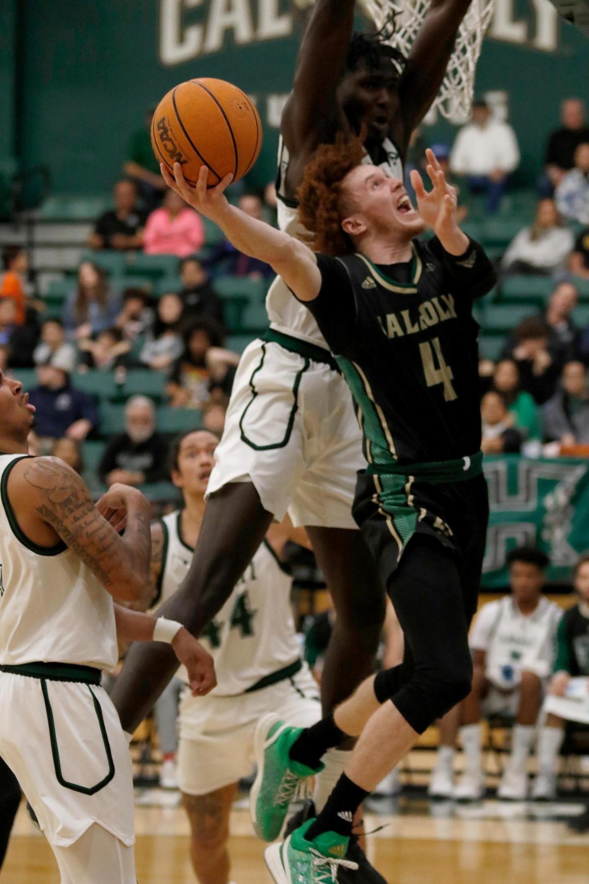 Cal Poly’s Brantly Stevenson goes for a basket. Cal Poly loses to Hawaii 56-69 at the Cal Poly State University ’s Mott Athletic Center, San Luis Obispo, CA, Saturday, Feb 4, 2023.