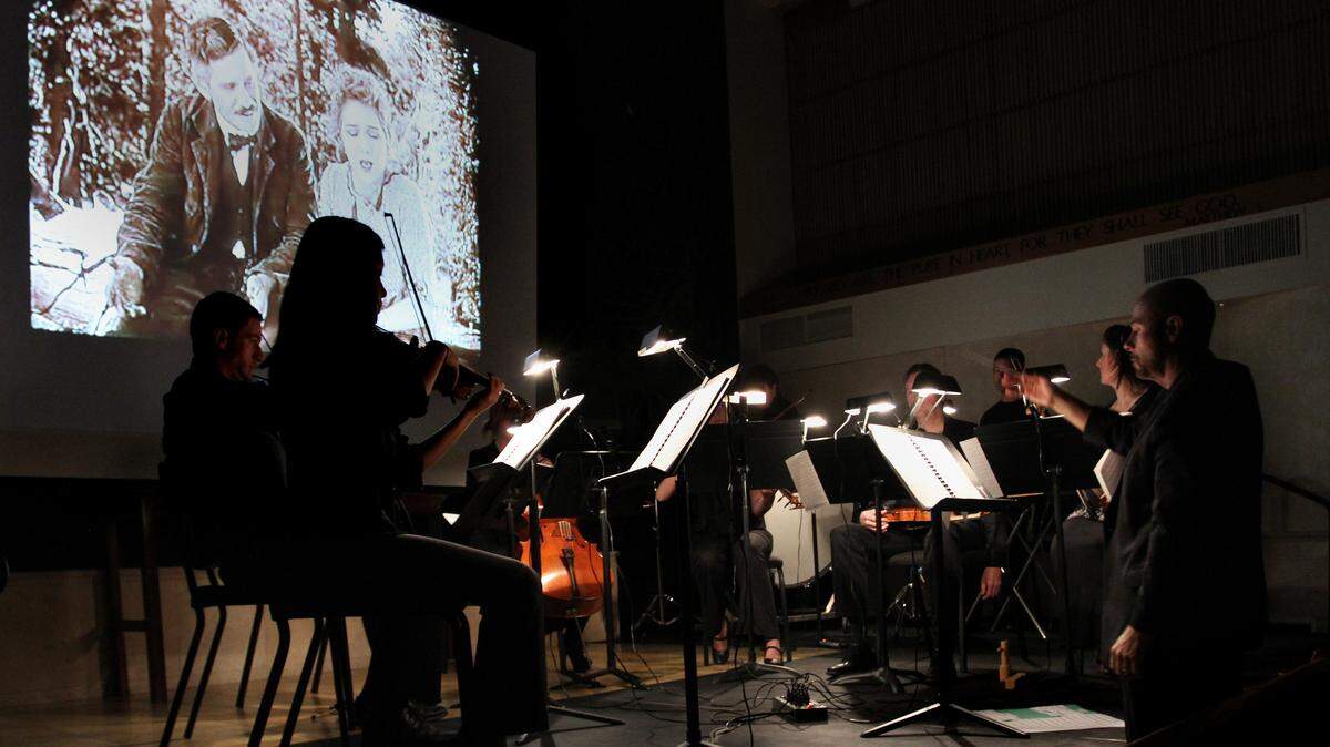 The Malibu Coast Silent Film Orchestra accompanies a silent film live in concert.