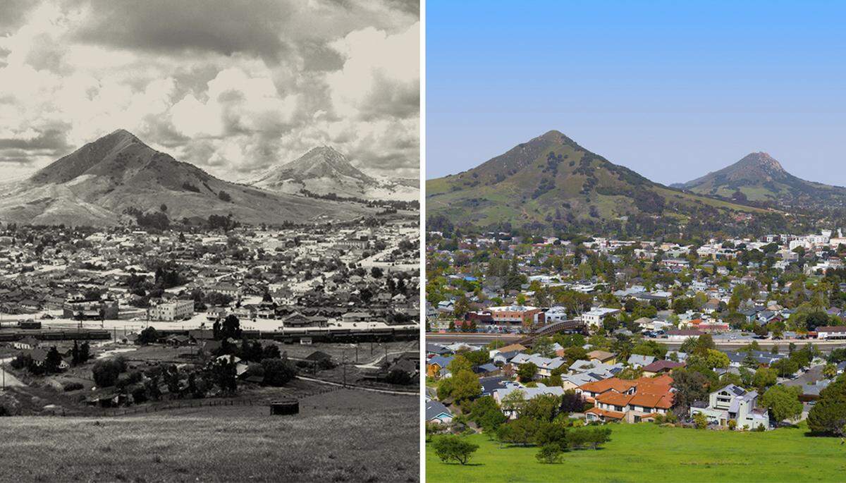 This portion of a panoramic photo taken by Brian Lawler, right, is a close replication of a photo taken from the same location in 1930 by San Luis Obispo photographer Frank Aston. At the time, Terrace Hill was about 60 feet taller than it is now. The top of the hill was removed for freeway gravel. This modern photo was taken from a position approximately 60 feet above the top of the hill using a man-lift.