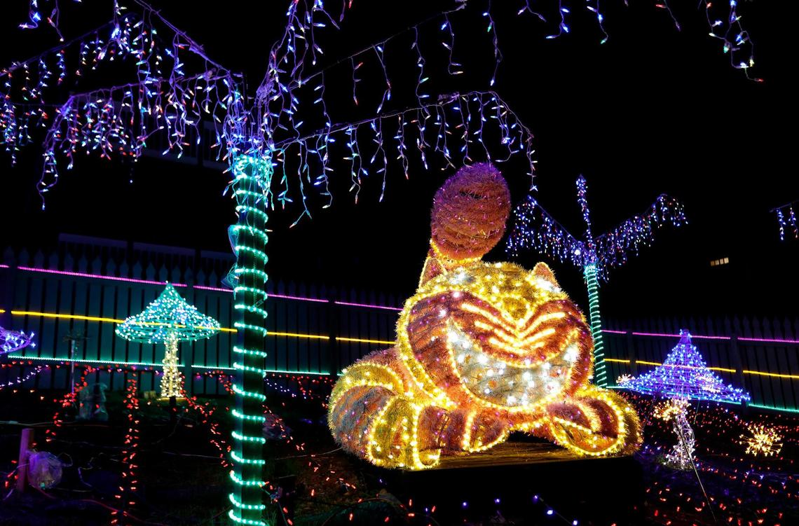 CambriaÕs Christmas Market is opened business as usual Dec. 14, 2022. A colorfully lighted Cheshire Cat.