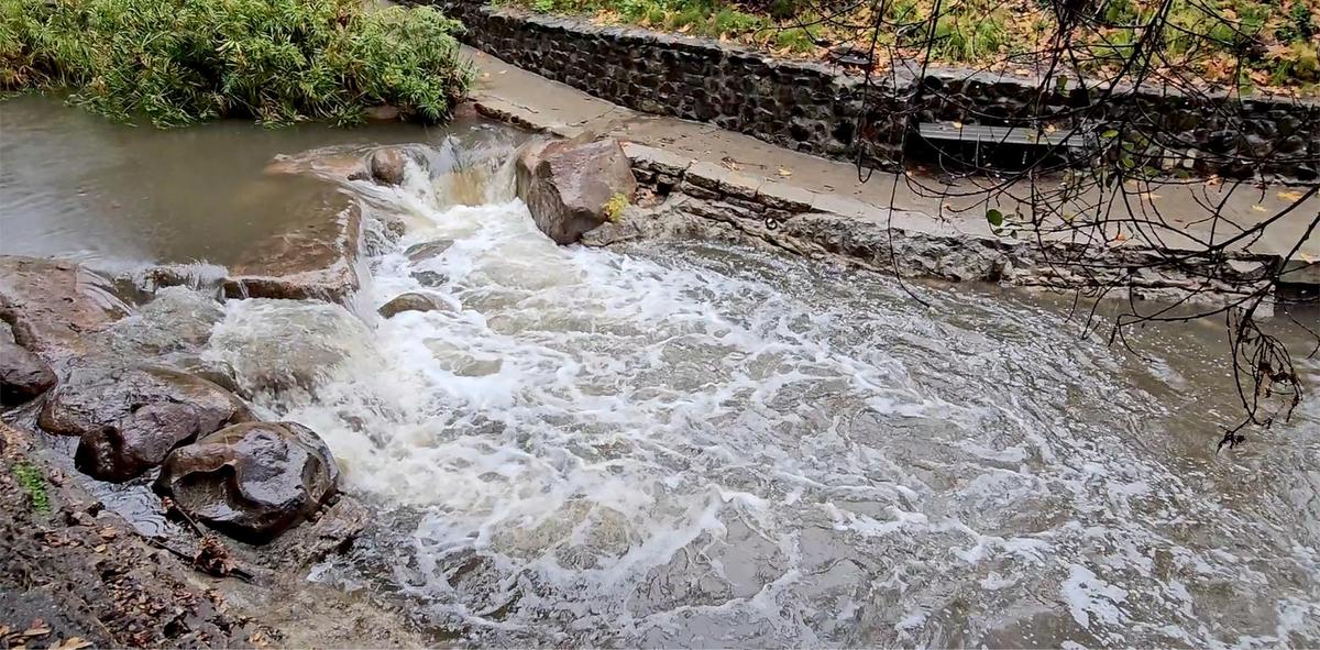 San Luis Obispo Creek in downtown San Luis Obispo is swollen with the recent rains. A winter storm brought heavy rain and strong winds to San Luis Obispo County on Thursday, Feb. 6, 2025, with more on the way throughout the day and into Friday.