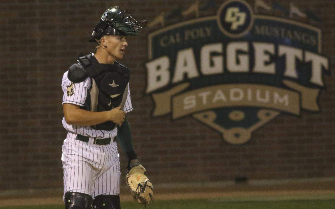 Catcher Ryan Tayman, an Arroyo Grande High School grad, directs the infield as the next batter comes up. Cal Poly lost 6-0 to UCSB on April 2, 2026.