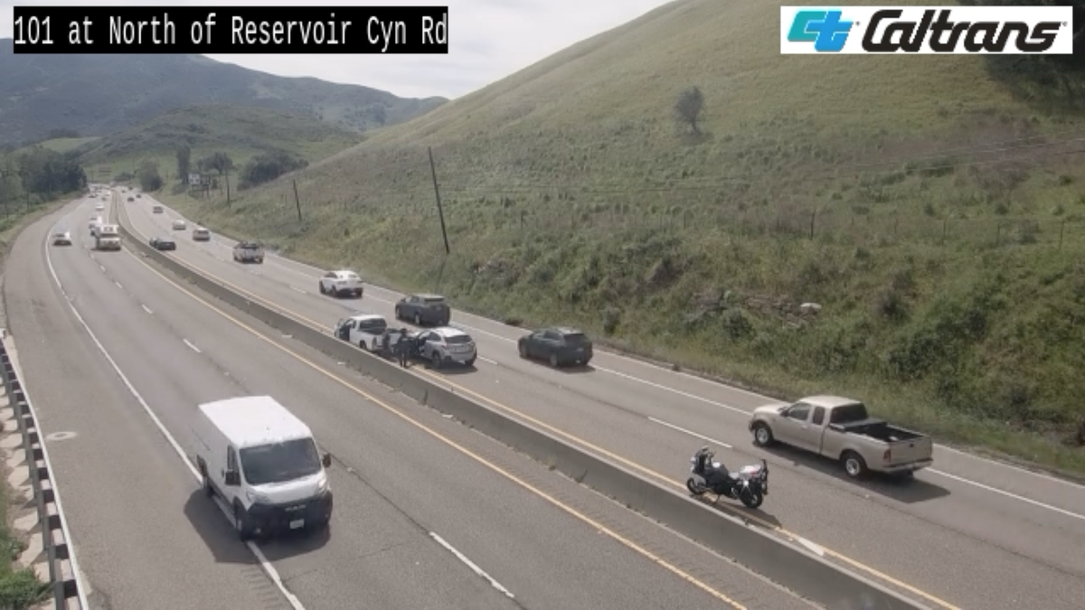 A two-car crash on southbound Highway 101 backed up traffic near the base of the Cuesta Grade on Friday, March 13, 2026.