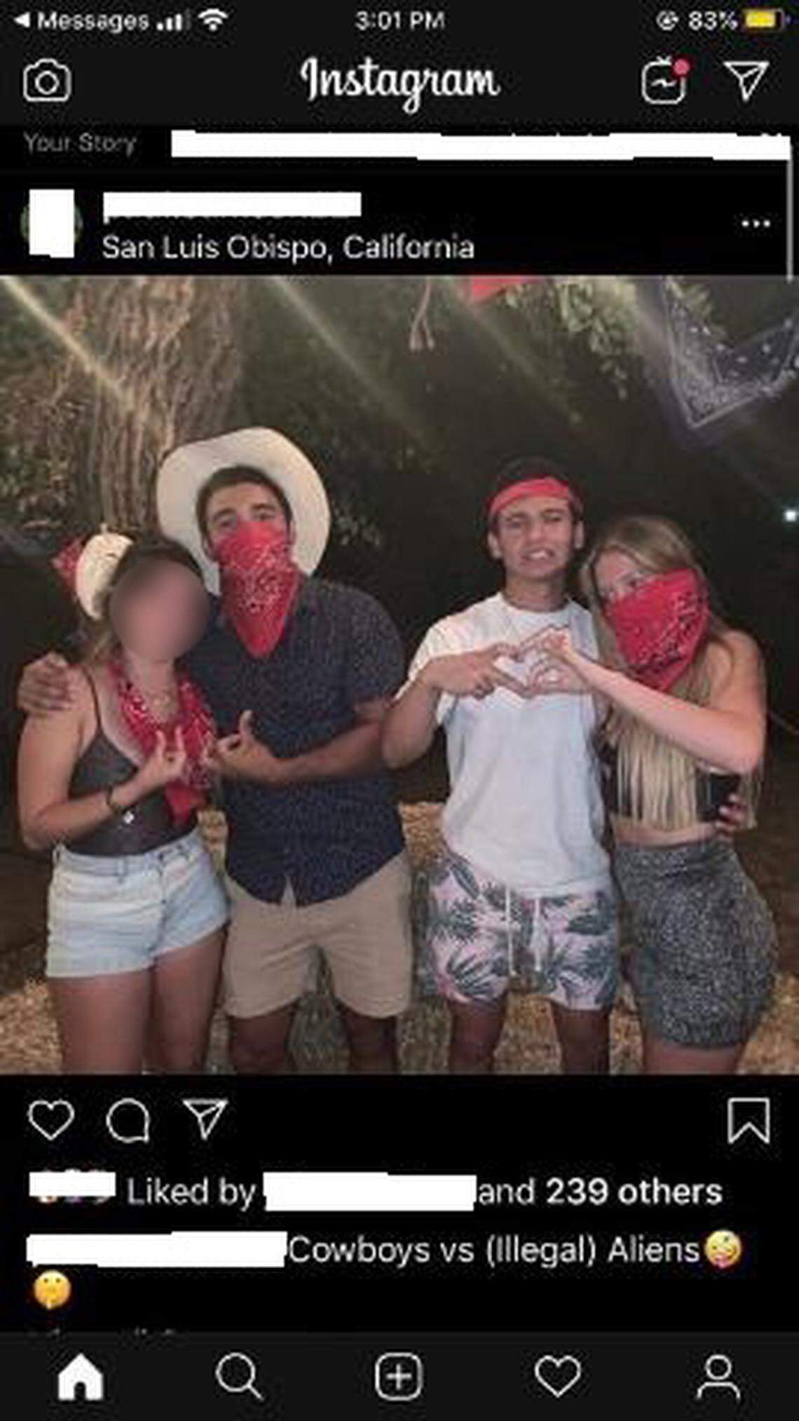 An Instagram photo shows Cal Poly students dressed in bandannas and making hand signs in an Instagram post that appears to mock undocumented immigrants. User names and the face of a minor girl have been blurred.