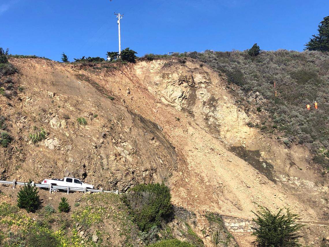 The power pole near the top of this photo taken Jan. 18, 2023, by Robert Moynier of Cambria is being threatened by continuing movement of the Polar Star landslide, one of seven large and lots of small slides that are keeping about 40 miles of Highway 1 closed between just south of Piedras Blancas and Lime Creek in Big Sur.